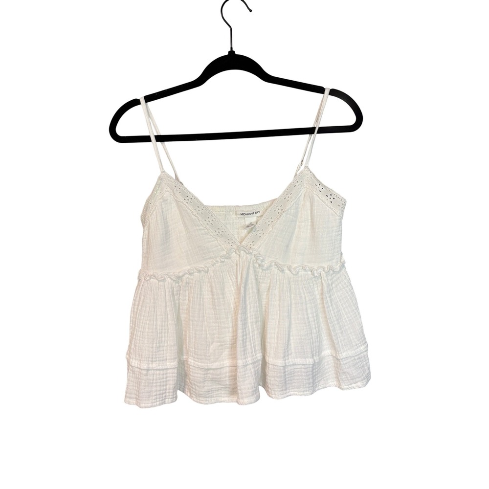 Midnight Sky White Cotton Gauze Eyelet Lace Peplum Tank Top Small Boho Cami